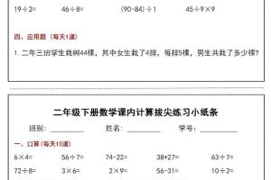二年级下数学课内计算拔尖练习小纸条（15页30条）